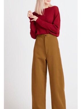 Uniqlo Women's Wide Fit Curved Jersey Pants Tan Brown Size XL Button Zip Fly